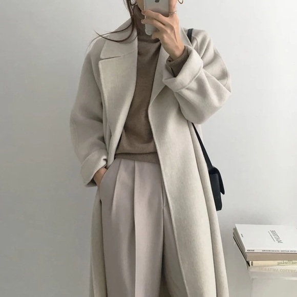 Wool coat long Heather Gray womens belted collar  jacket - Picture 4 of 5